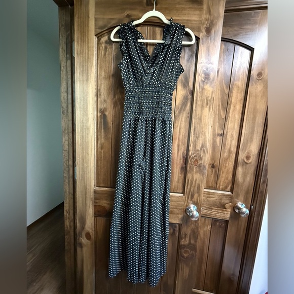 Max Studio Black & White Polka Dot Jumpsuit – Smocked Waist, Ruffle Sleeves, XS - Picture 2 of 7